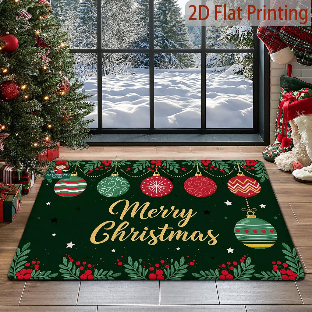 2D Flat Printing Classic Red Green Christmas Entrance Carpet, Christmas Ball Red Berry Home Entrance Non-Slip Mat, Christmas Decor Door Mat, Tradition
