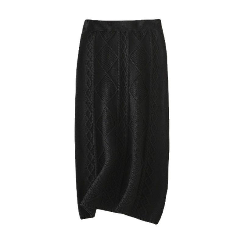 Qooth Women's Cable Knit Midi Skirt Chunky Winter Thermal A-Line Pencil Slim Fit Fall Winter QT2784