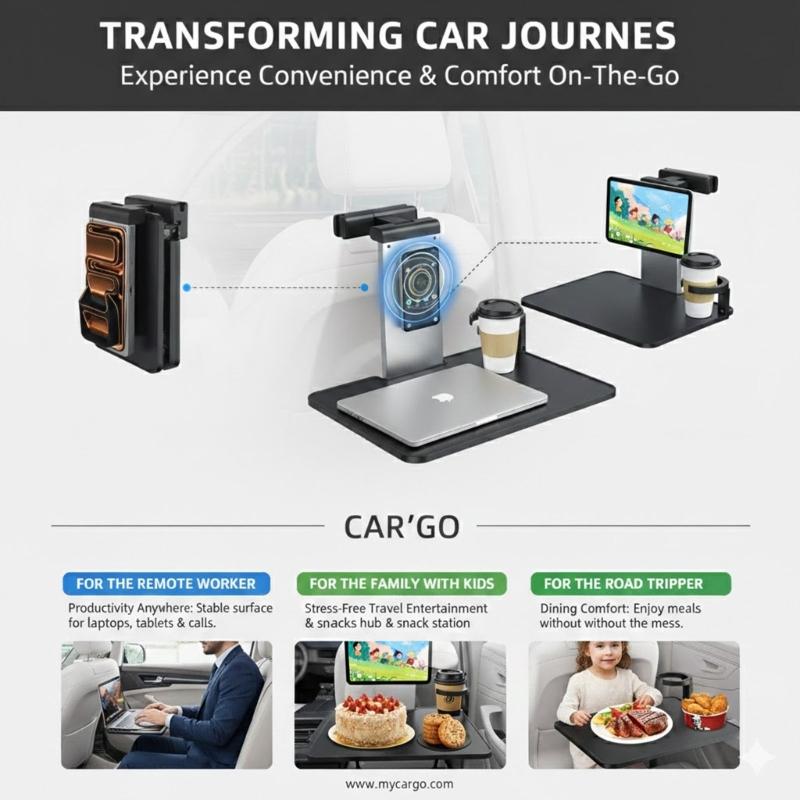 Universal Car Headrest Mounted Foldable Laptop Tray With Phone Support And Extendable Beverage Slot For Office Work