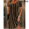 Women Dress Summer Short Sleeve O-Neck Casual Loose A-Line Dress Big Size 3D Striped Printing Elegant Vintage Dresses