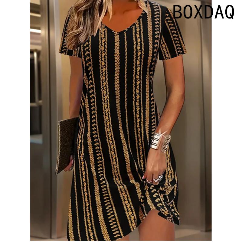 Women Dress Summer Short Sleeve O-Neck Casual Loose A-Line Dress Big Size 3D Striped Printing Elegant Vintage Dresses