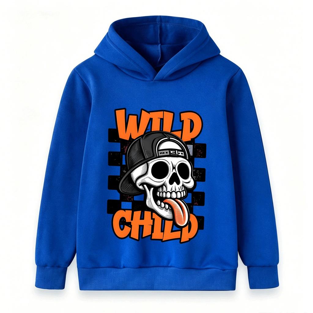 Kids Boys Girls Hoodie, Wild Child Skull Pattern Long Sleeve Casual Pullover Sweatshirt for Daily Wear