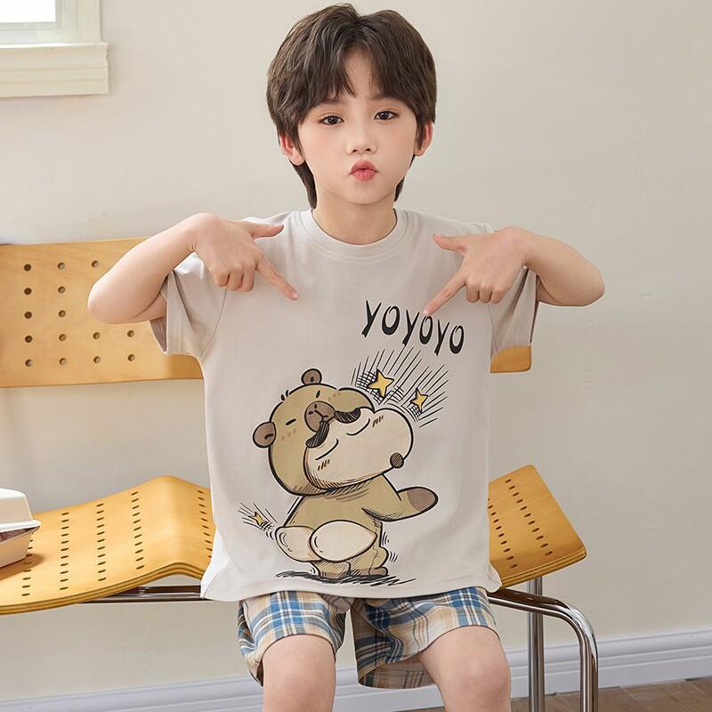 Boys Cotton Short Sleeve Pajama Set Lightweight Sleepwear Kids Teens Home Outfit