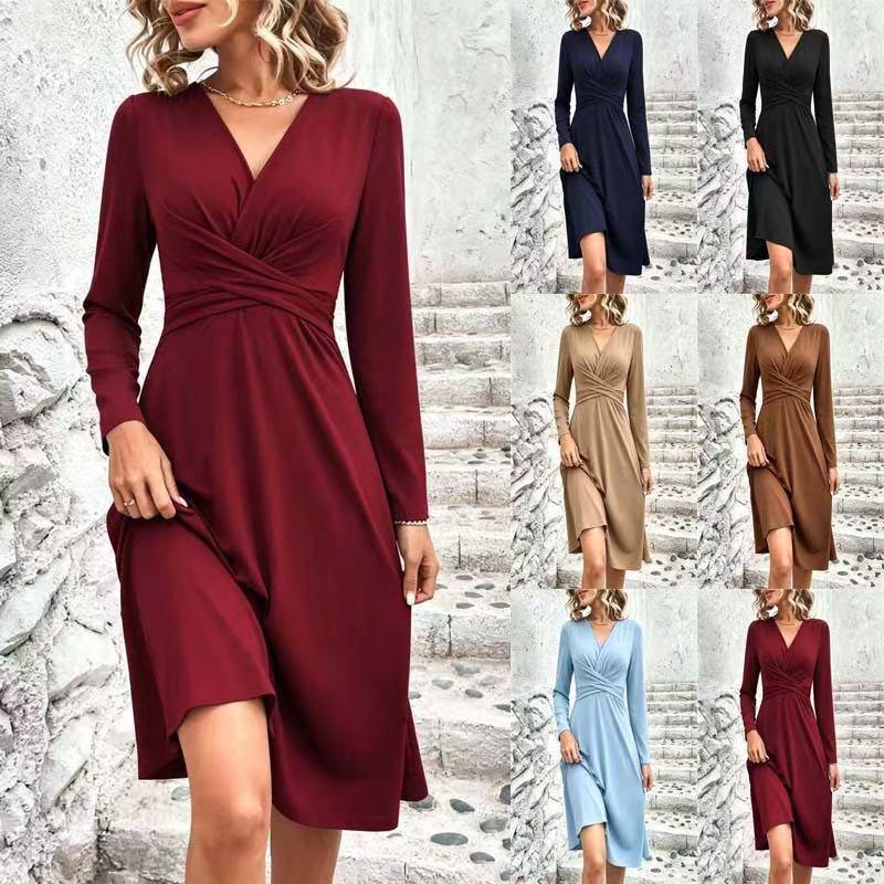 European and American new solid color V-neck waist cross-pleated long-sleeved medium and long dress long dress women's clothing