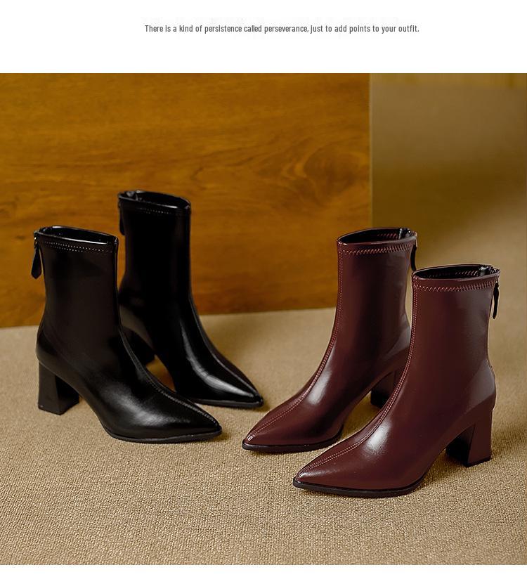 Winter 2025 Fashion: Women's Pointed Toe Chunky Heel Ankle Boots - Soft Leather, Comfy, Elastic Fit with Back Zipper