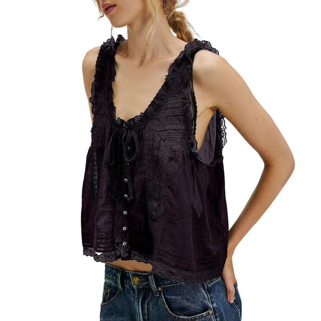 Moda Donna Casual Senza Maniche Pizzo Pizzo Dolce Sottile Canotta Gilet Top con Bottoni
