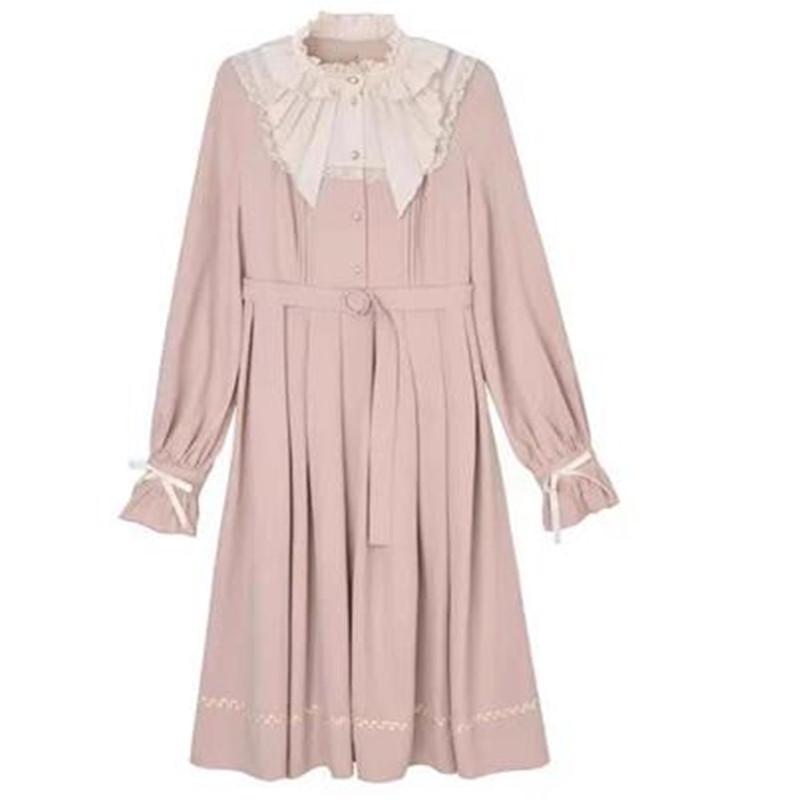 

Женское платье миди в японском стиле Лолиты, весенне-осеннее платье с воротником-стойкой, розовое платье принцессы с оборками, элегантное женственное шифоновое платье S розовый