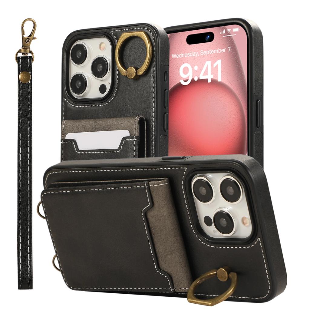 Vertical Cards Solt Ring Holder Leather Wallet Case For iPhone 15 16 Pro Max 14 Plus 13 12 11 XS XR SE2022 Stand Strap Bag Cover