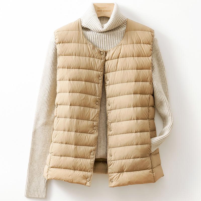 Women's Collarless Down Liner Vest V-Neck Lightweight Down Jacket Autumn and Winter Warm Jacket Waistcoat Round Neck Jacket