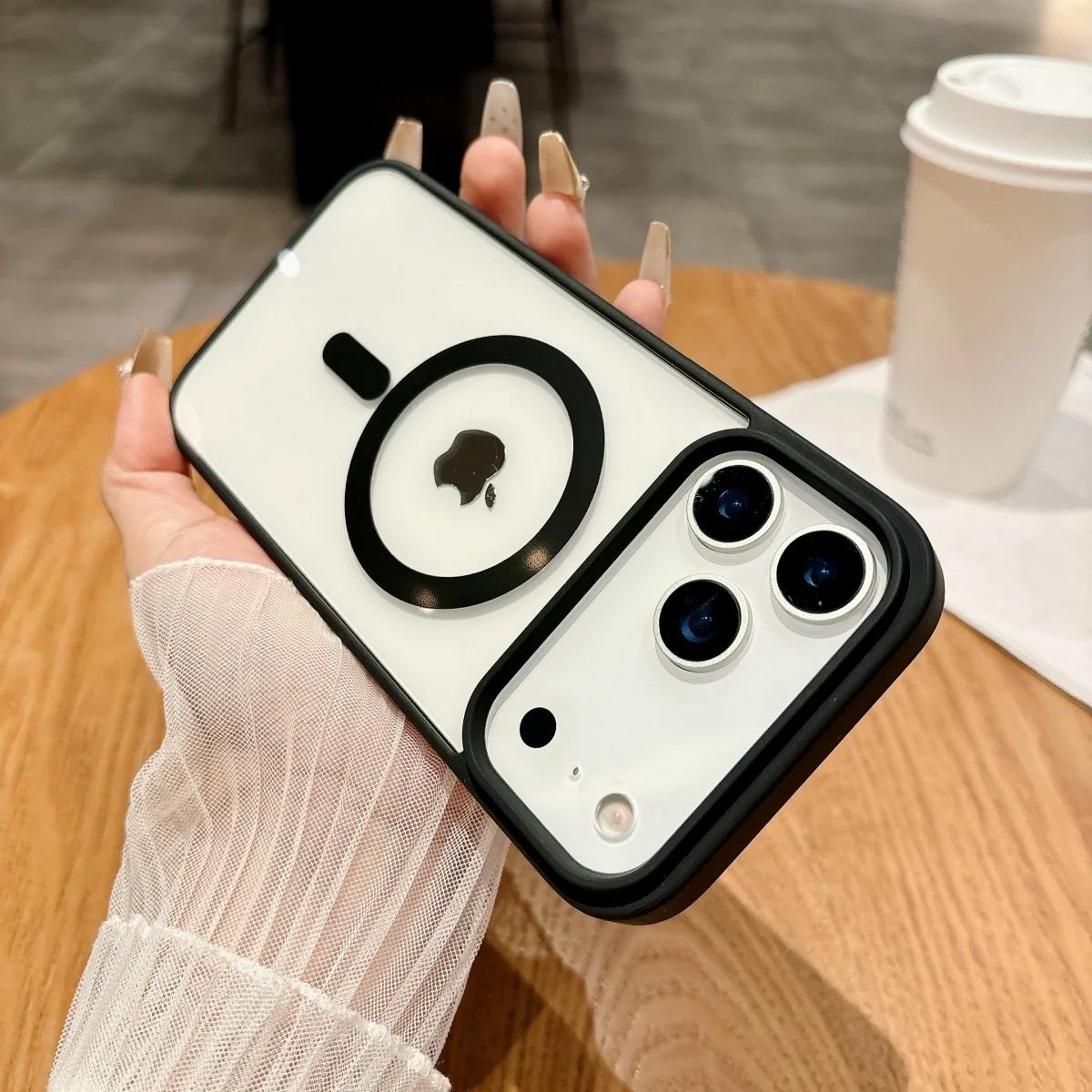 

Роскошный прозрачный акриловый бампер для телефона для IPhone 17 Air 16 E 15 14 13 12 Mini 11 Pro Max Plus Магнитная беспроводная зарядка Чехол iPhone 16e чёрный