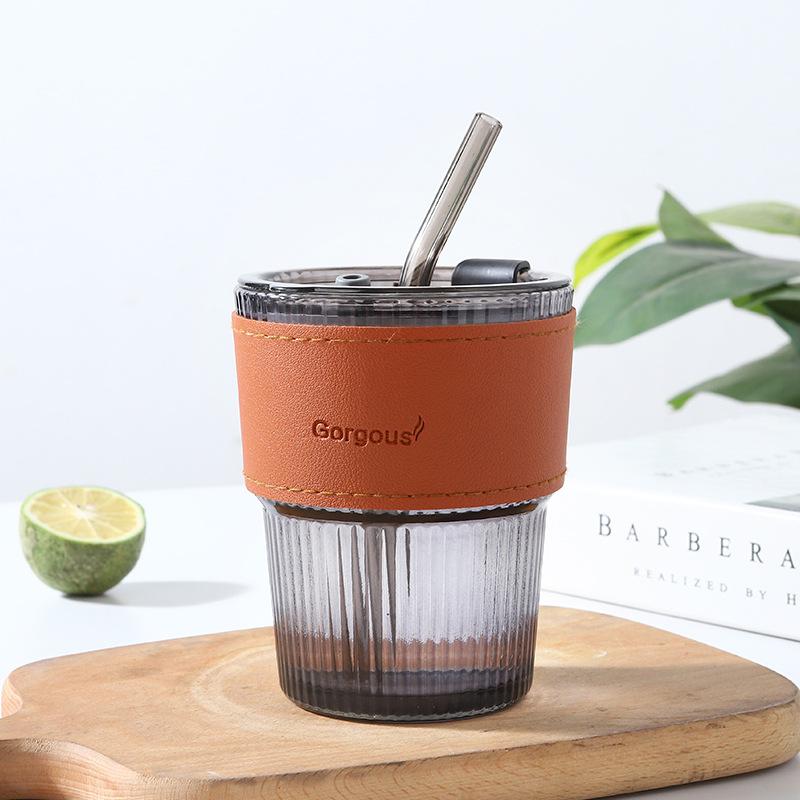 Vertikales Muster Bambusbecher mit Deckel Hochwertiger Strohhalm Glas Geschenkbecher Büro Kaffeetasse