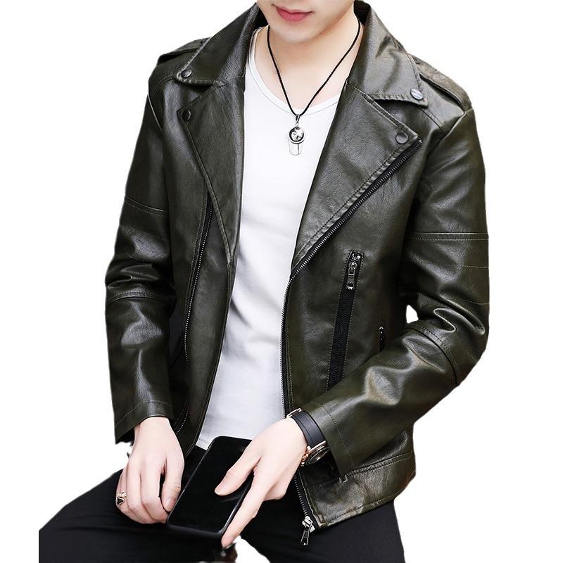Leather jacket men's autumn new trend handsome suit collar men's top PU leather motorcycle suit men's casual jacket