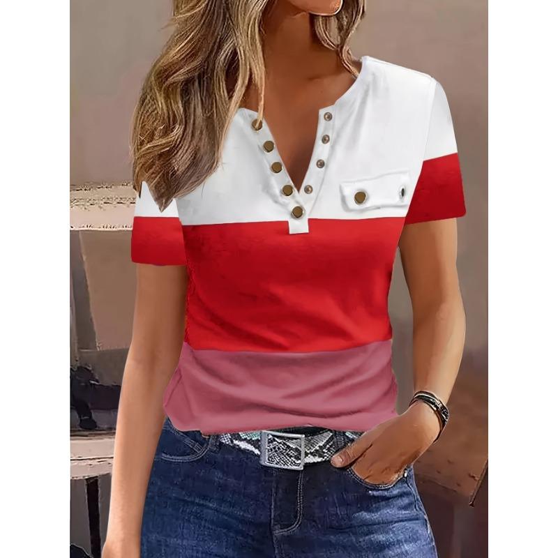 

VEZFAA Женская мода Повседневная Летняя Весна Цветные Блоки Принт Короткие Рукава V-образный вырез Блузки и Рубашки XXL красный