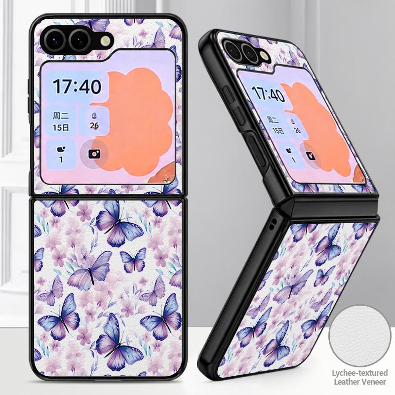 Luxury Butterfly Print Case For Samsung Z Flip 8 7 6 5 Luxury Leather Skin Hard Folding Phone Cover For Galaxy Z Flip8 Flip7 Flip6