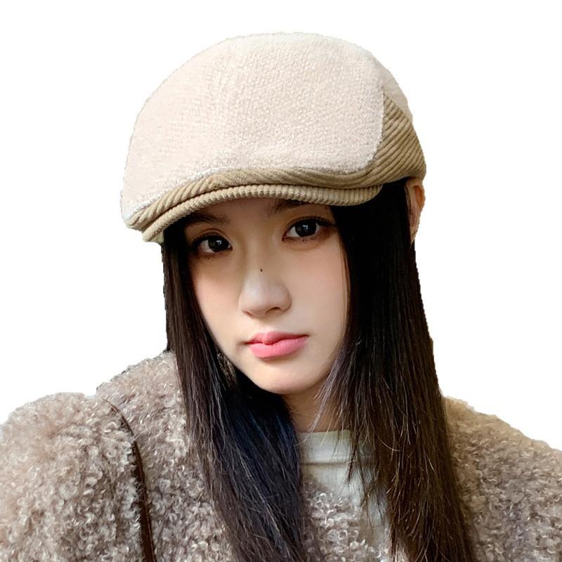British Retro Forward Hat Autumn and Winter Splicing Plus Velvet Thickened Baseball Cap Showing Off The Face Small Warm Newspaper Hat