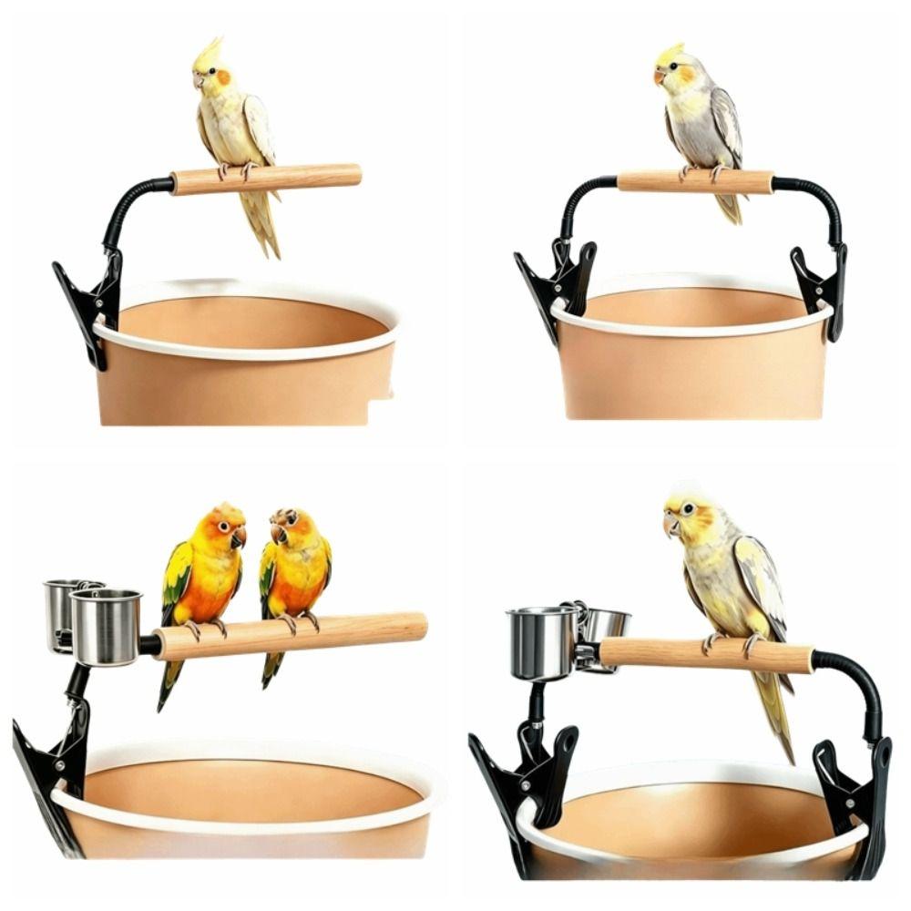 Clip-On Parrot Potty Training Platform Adjustable with Feeding Bowls Wooden Parrot Stand Sturdy Anti-Splash Training Bird Stand