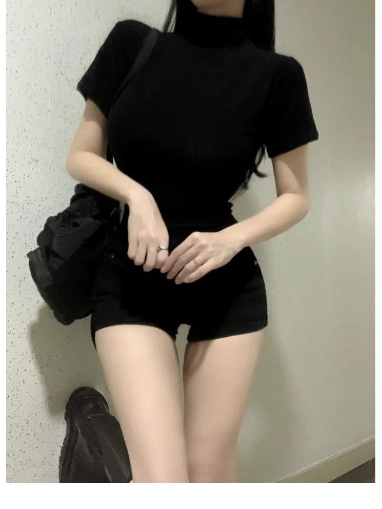 Korean Dongdaemun Elegant Slim-Fit Sheer High Neck Short Sleeve T-Shirt for Women
