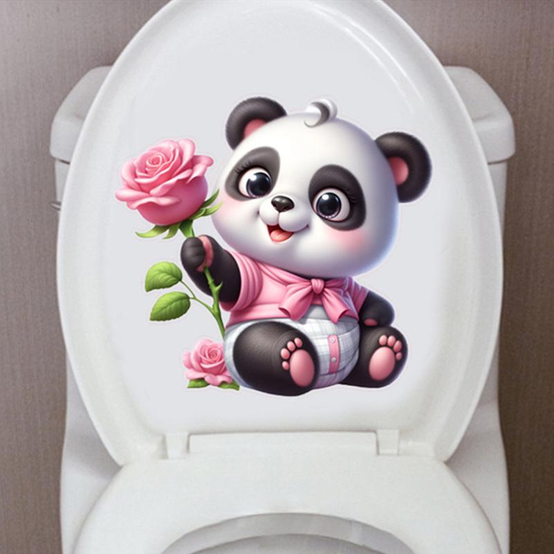 Cute Pink Baby Panda Rose Toilet Stickers For Home Decoration Wedding Living Room Bedroom Vinyl Wall Art Romantic Warm Wallpaper