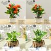 Creative Wooden Basin with Artificial Green Plant Bonsai Ornament for Display and Decoration.