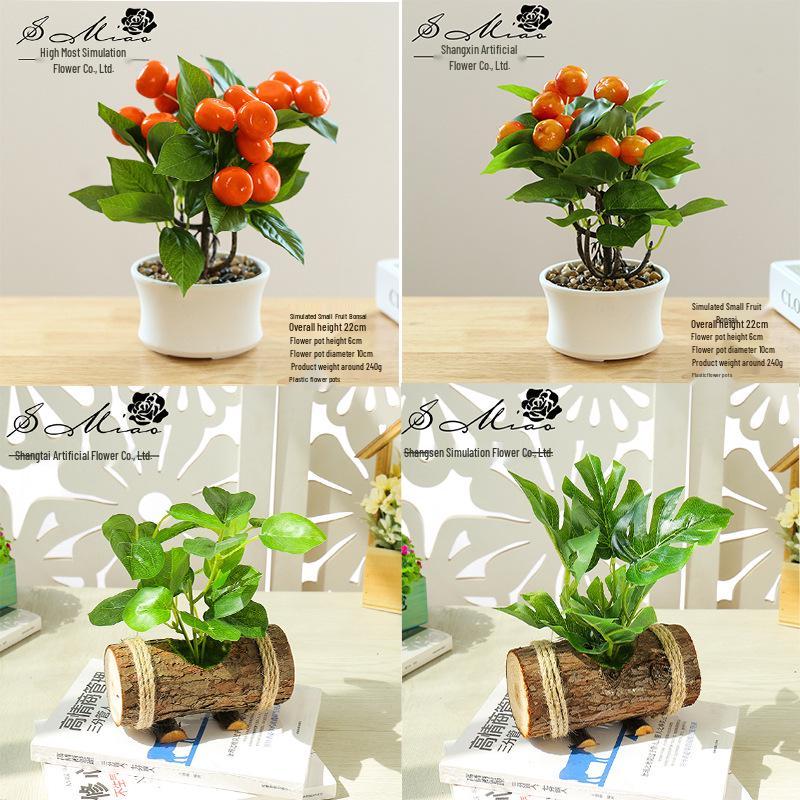 Creative Wooden Basin with Artificial Green Plant Bonsai Ornament for Display and Decoration.