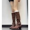 Pointed boots children but knee boots 2025 new versatile thick heel fashion suede pleated pile knight boots
