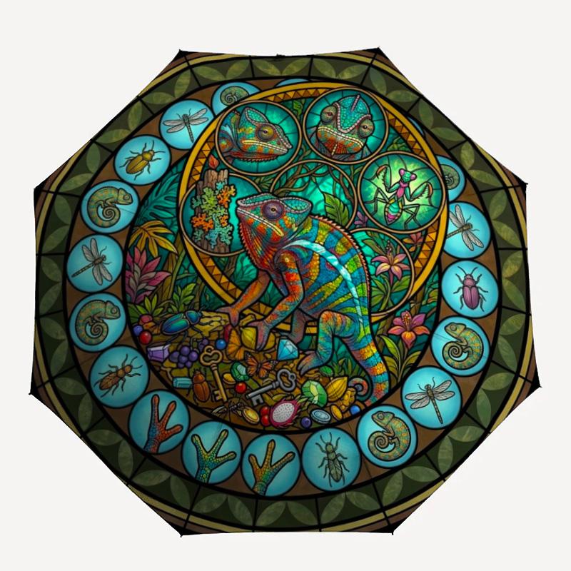 Chameleon Insect Mandala pattern umbrella, portable and foldable design, 8 ribs, a casual accessory for Halloween, Christmas, and birthday gifts.