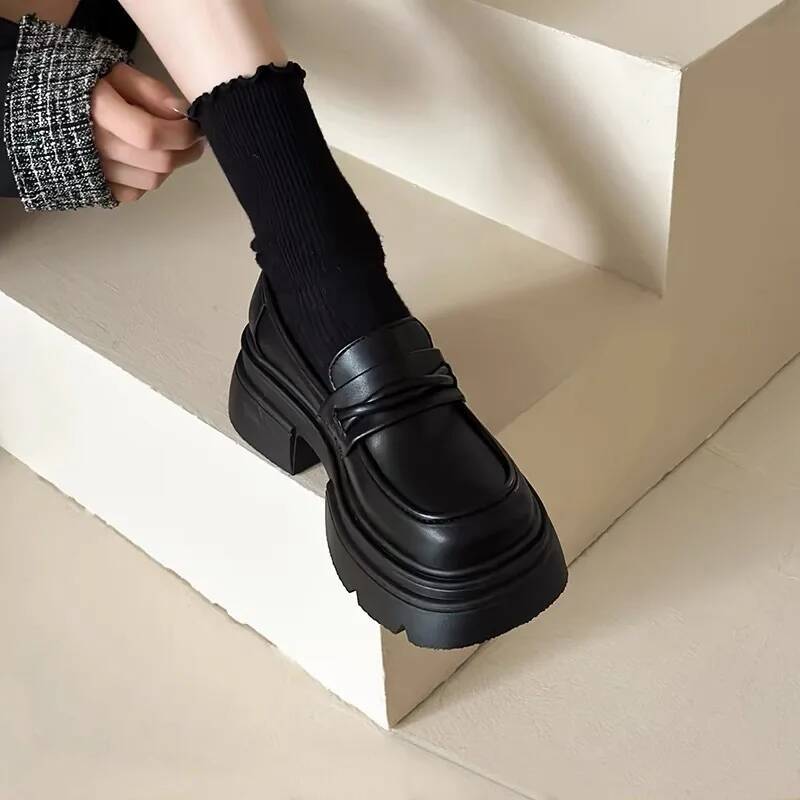 Women Shoes Autumn New! Women's British Style Black Loafers Thick Soled Chunky Heel Slip On Design Retro Leather Shoes