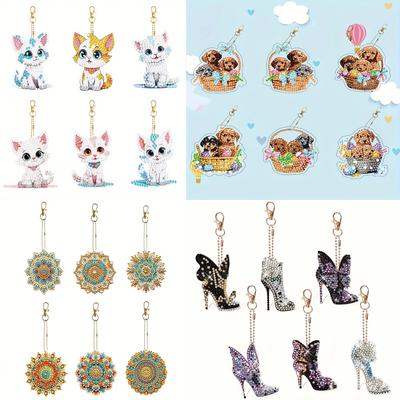 6Pcs/SetDIY Diamond Painting Keychain - Animal, Mandala Pattern, DIY Decoration, Diamond Kit Craft Supplies,