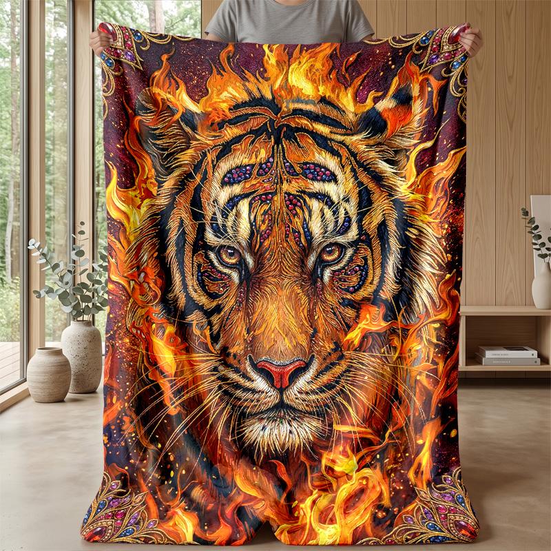 Flaming Tiger Artwork 1 Theme Blanket Lightweight Warm Flannel Blanket Decorative Throw Blanket for Home Decoration