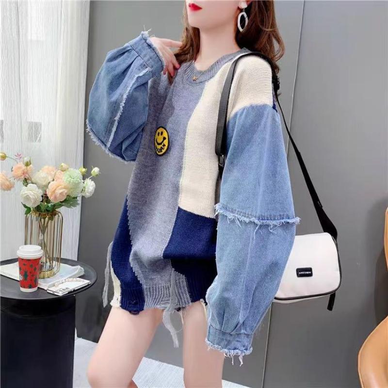 

Autumn new loose denim splicing knitted pullover sweater women s lazy style fashion medium and long top women One size