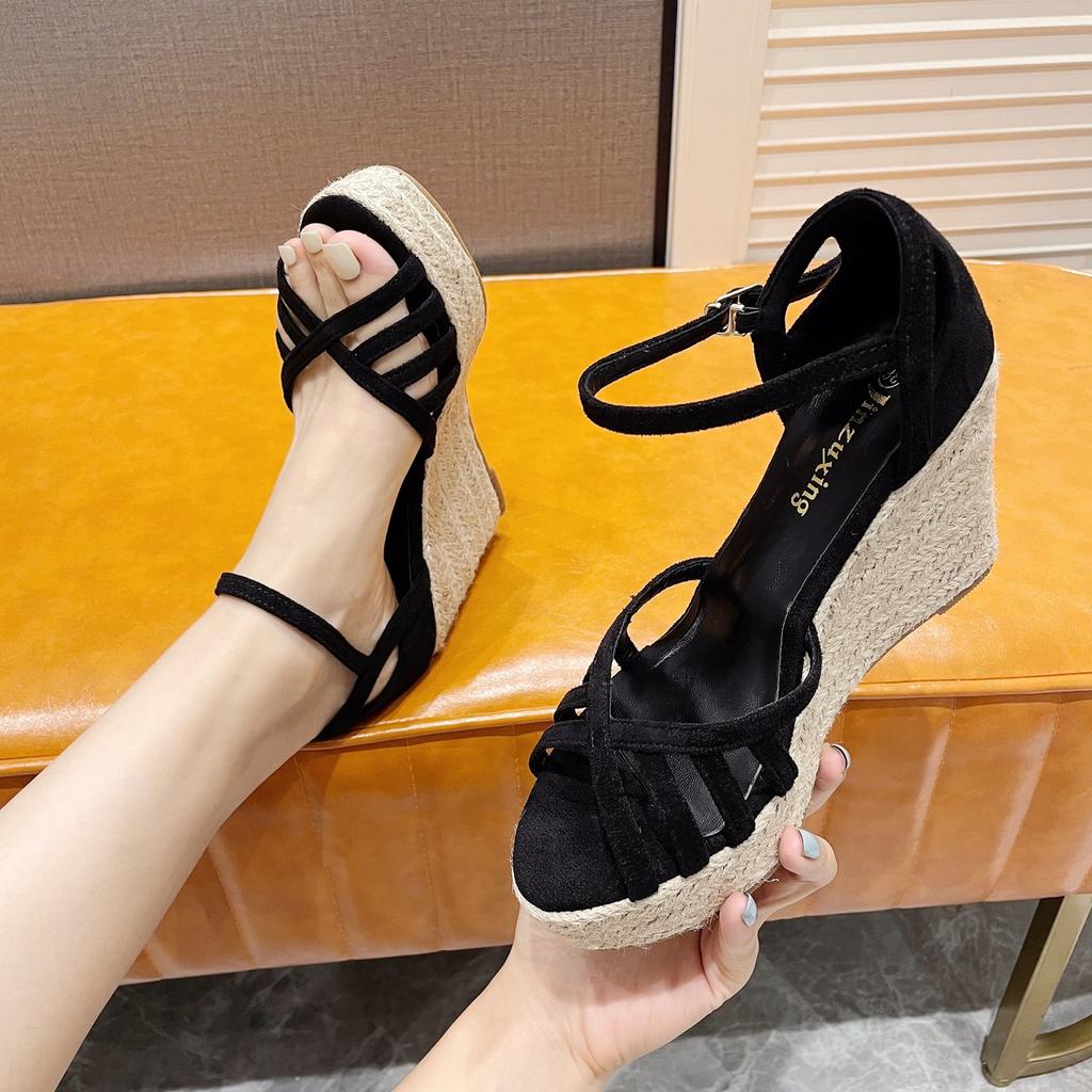 333-1 Slope Heel Super High Heels 10CM Waterproof Table Muffin Thick-soled Hemp Rope Woven Thin Belt Fish Mouth Sandals Women's Summer