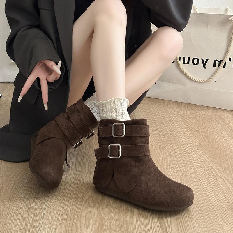 [Fanfna] Retro Suede Short Boots Women's 2025 Autumn New Round-head Martin Boots Low Tube Western Pile Boots
