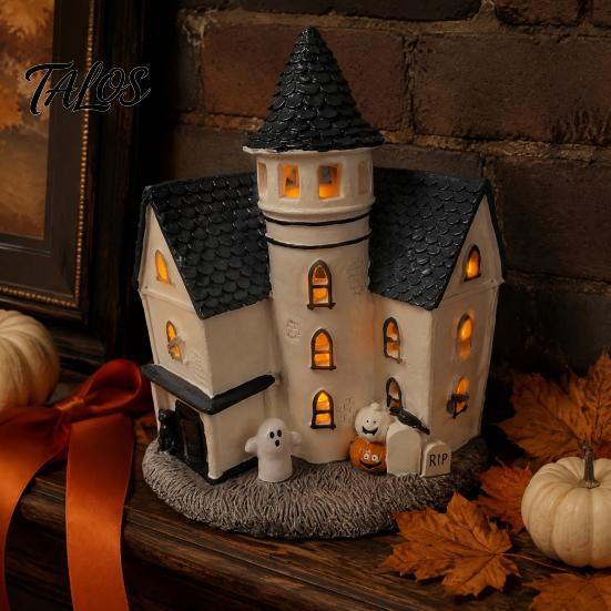 Spooky Tabletop Decoration Vintage Light-Up Cottage Halloween Decoration, Gothic Ghost Pumpkin Village House Decorative Mantelpiece Items Figurine,
