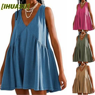 Vestidos Casuales de Verano Primavera Color Sólido Estampado Sin Mangas Cuello en V