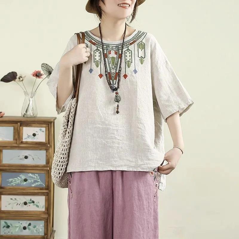 Women's Red Linen Blend Half Sleeve Blouse Ethnic Embroidery Loose Fit Casual Top