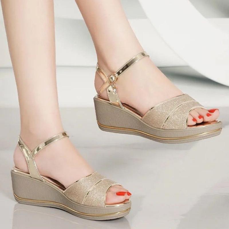 Fashion Womens Sandals for 2025 Orthopedic Platform Summer New Fashion Elegant Roman Rhinestone Wedge High-Heeled Sandal Woman Silver