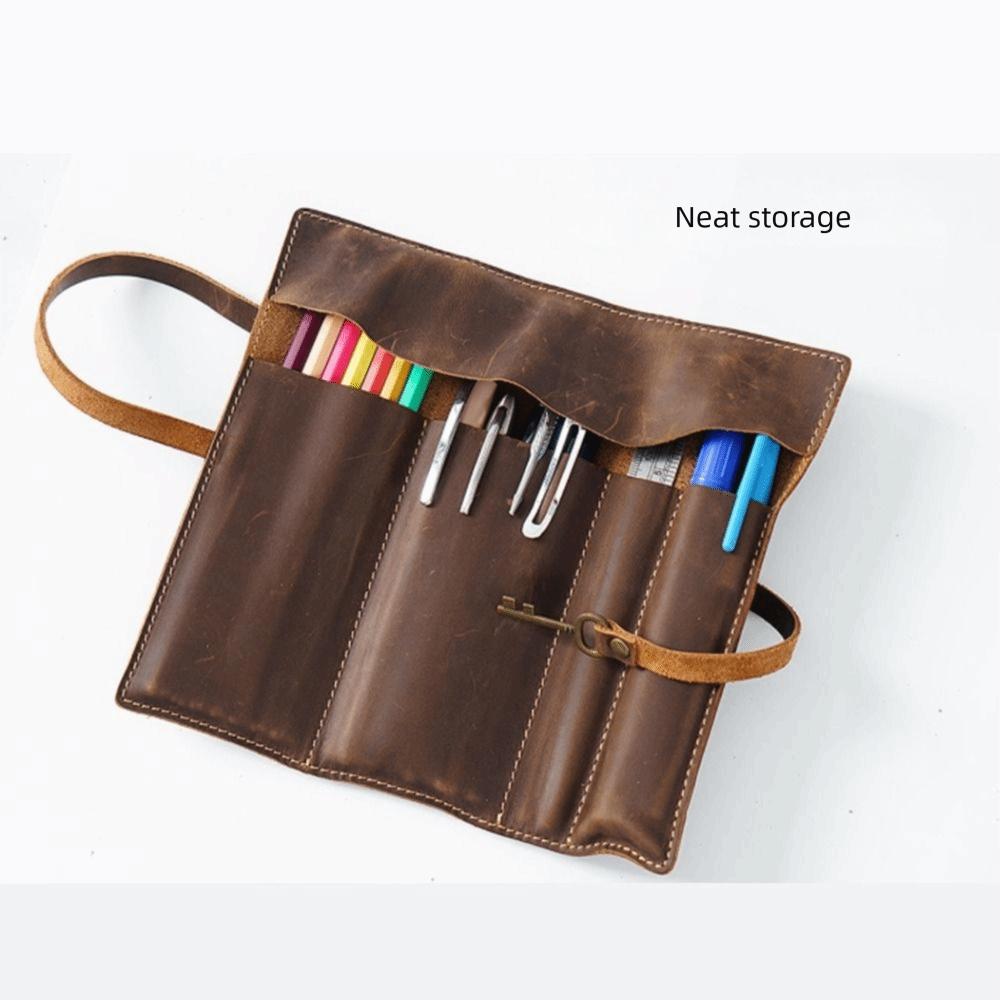 Multi-Compartment Pencil Roll Bag Cowhide Leather Vintage Cowhide Pencil Case Literary Style