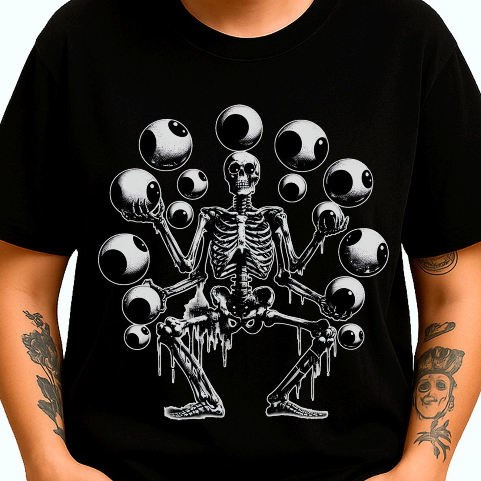 Skeleton Eyeballs T-Shirt | Surreal Gothic Horror Tee | Goth Style Gift M