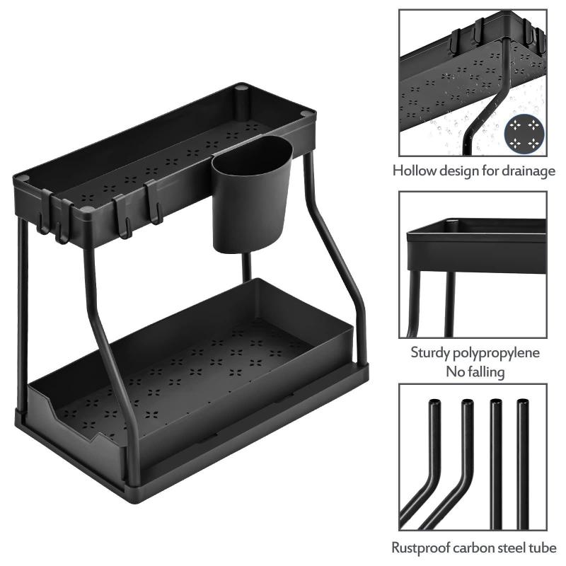 Kitchen Double Layer Storage Rack Slide-Out Spices & Cleaning Supplies Storage Shelf Cabinet Under Sink Space-Saving Organizer