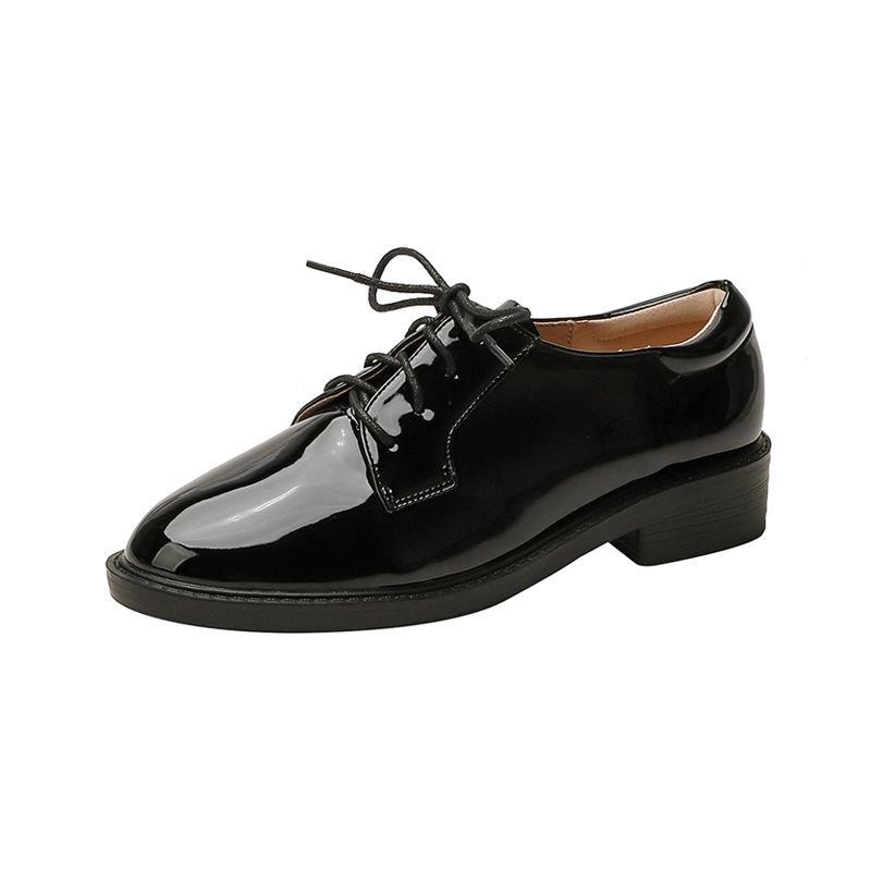 Women's Black Genuine Leather Flat Mid-Heel Shoes - British Style, Soft Bottom, Comfortable for Work, Autumn 2024 Collection