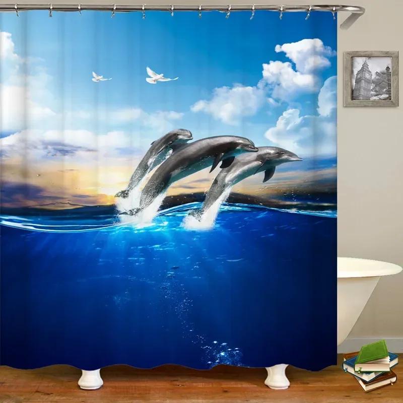 Dolphin Shower Curtain Sea Theme Shower Curtain Hook Washable Dolphin Waterproof 3D Animals Shower Curtain for Bathroom Decor
