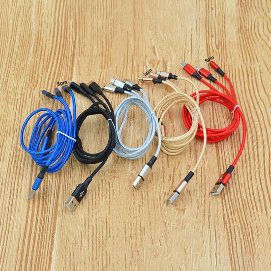 Charging Cable Three-in-One Fast Charge Nylon Braided 2A 8Pin Type-C Micro USB Charging Cord Mobile Phone Wire for Home