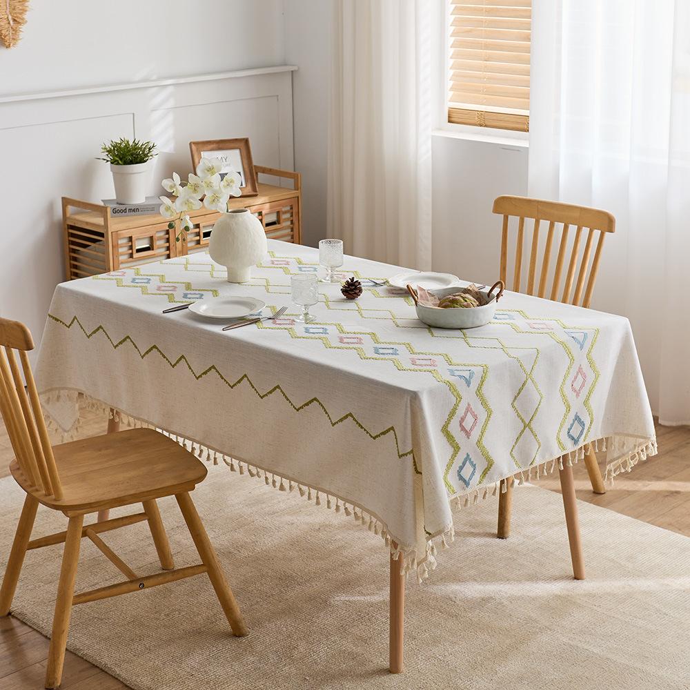 High-grade Embroidered Dining Table Cloth, Coffee Table Cotton and Linen Wind Fabric, Geometric Pattern French Embroidery, High-grade New Tablecloth