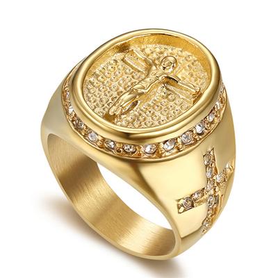 Hip Hop Iced Out Jesus Kreuz Ring Herren Goldfarbe Edelstahl Zirkonia Christliche Ringe Für Männer Religiöser Schmuck Geschenk