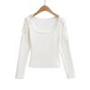 Pure Desire U-neck Lace Patchwork Fleece Long-Sleeve T-shirt for Women - Autumn/Winter Slim Fit Short Base Layer