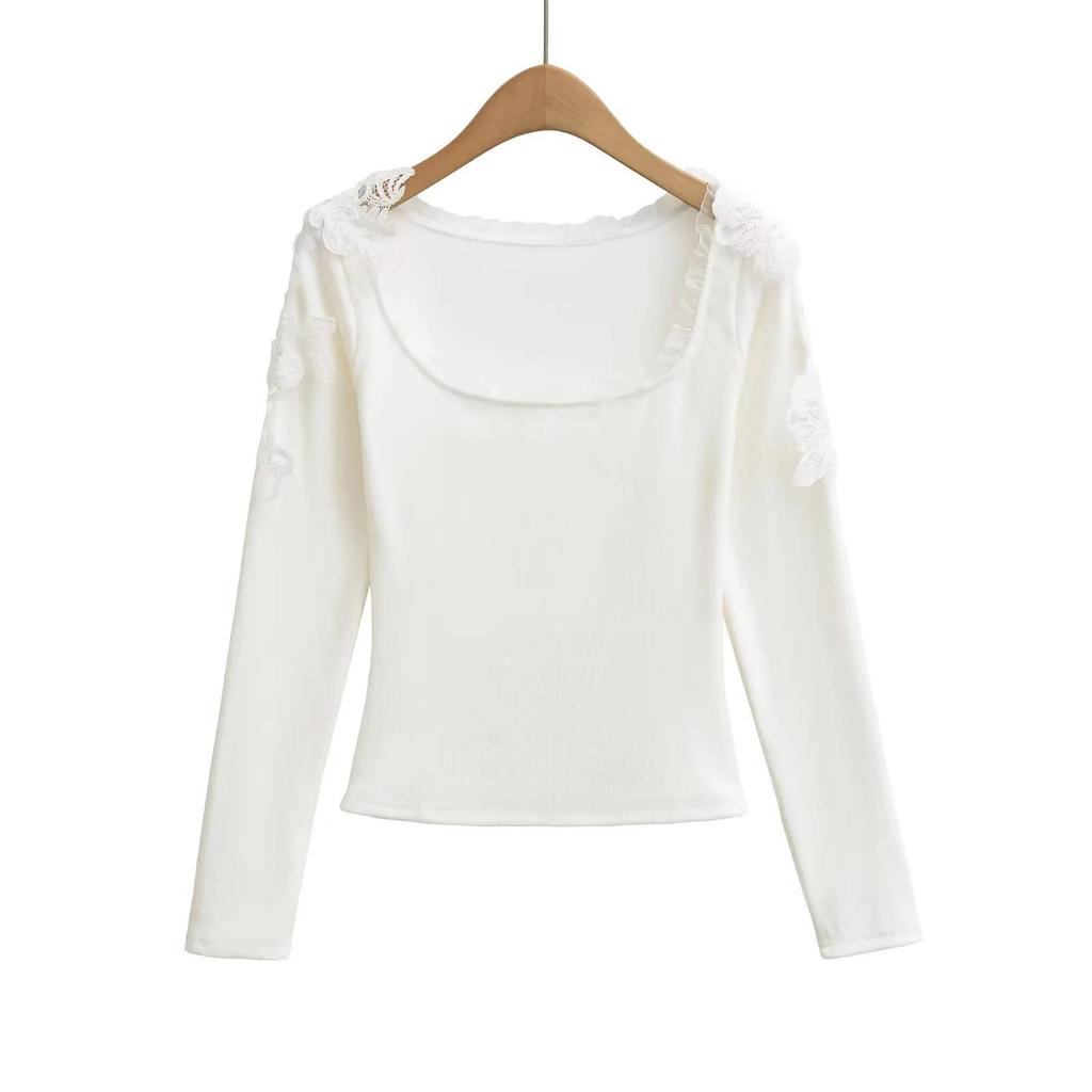 Pure Desire U-neck Lace Patchwork Fleece Long-Sleeve T-shirt for Women - Autumn/Winter Slim Fit Short Base Layer