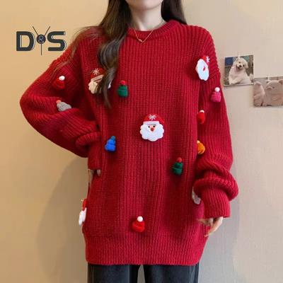 Women Christmas Sweater Santa Claus Xmas Hat Decor Loose Fit Knitting Tops Round Neck Long Sleeve Autumn Winter Sweater