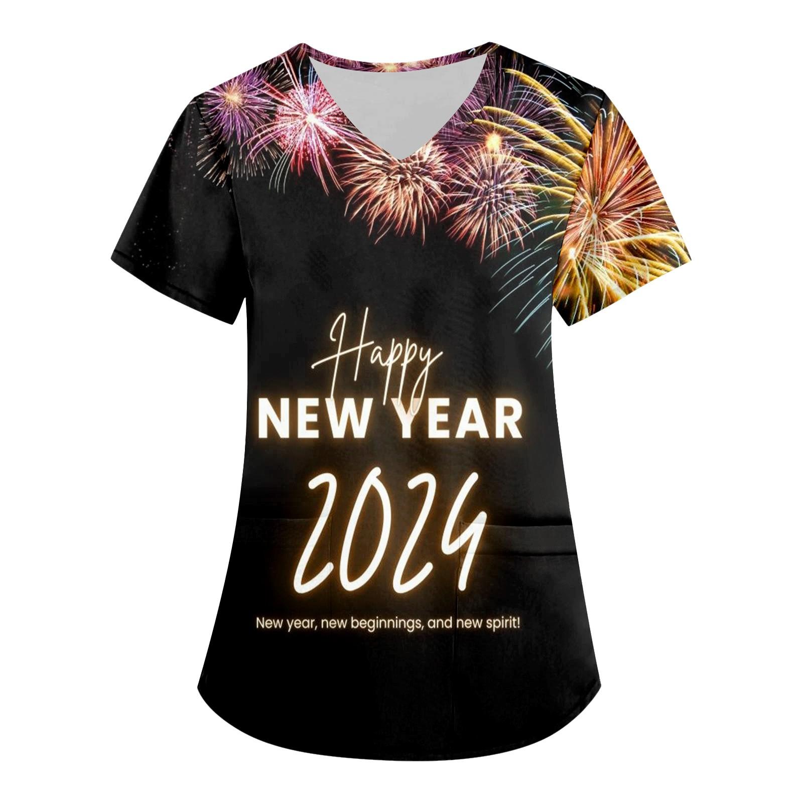 

Женская мода 2024, новогодние топы с принтом и короткими рукавами и V-образным вырезом, рабочие футболки с карманами