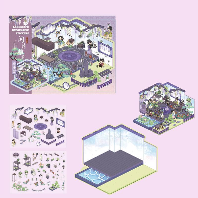 3D Landscape Sticker Chinese Style Leisure Elegant Architecture Series Vintage Scrapbook DIY Handbook Decoration For Notebook