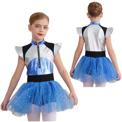 Mädchen Alien Cheerleading Kostüm Kurzarm Colorblock Patchwork Glänzende Pailletten Tutu Kleid Body Halloween Party
